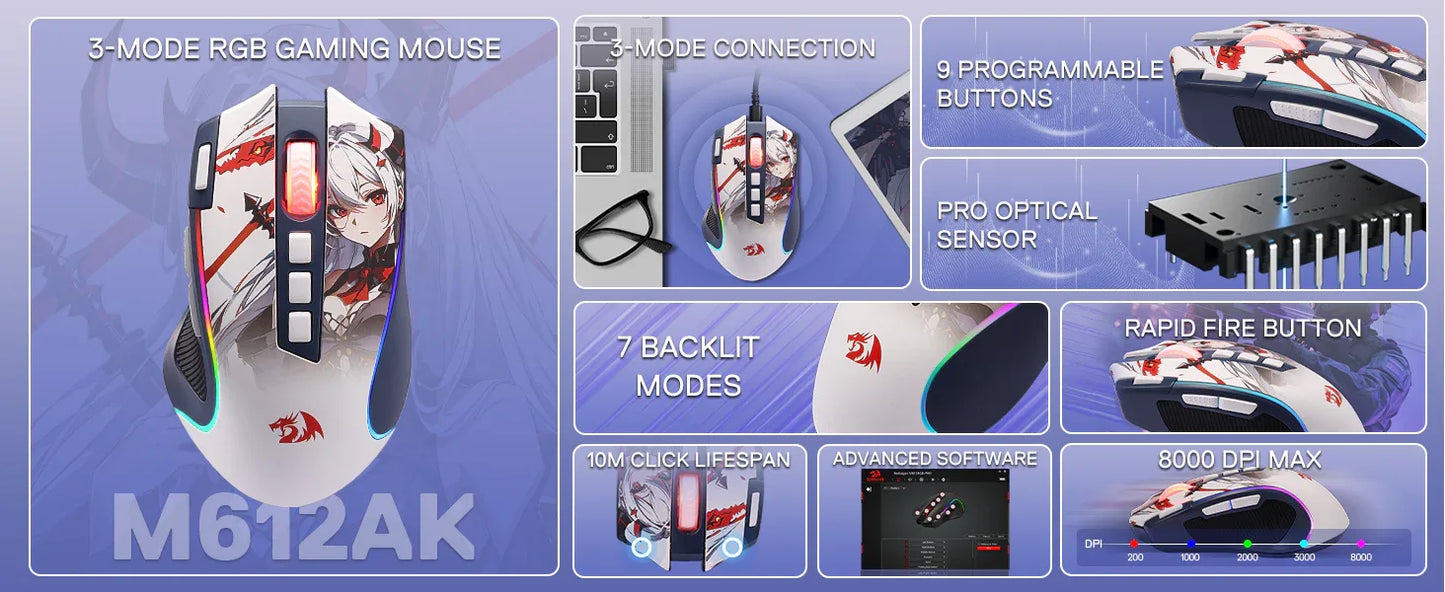 Redragon M612AK PRO RGB Gaming Mouse – Wired/Wireless 8000 DPI - TechTastic Treasures
