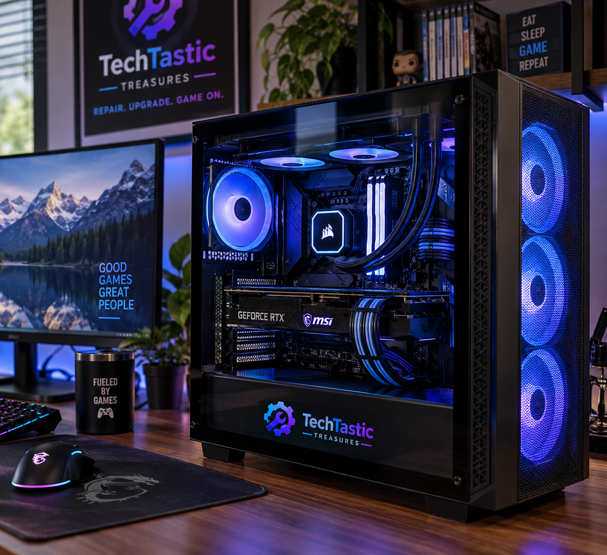 Custom TechTastic Treasures gaming PC with a tempered-glass case, blue and purple RGB lighting, liquid cooling, GeForce RTX graphics card, and clean cable management displayed in a modern gaming setup.