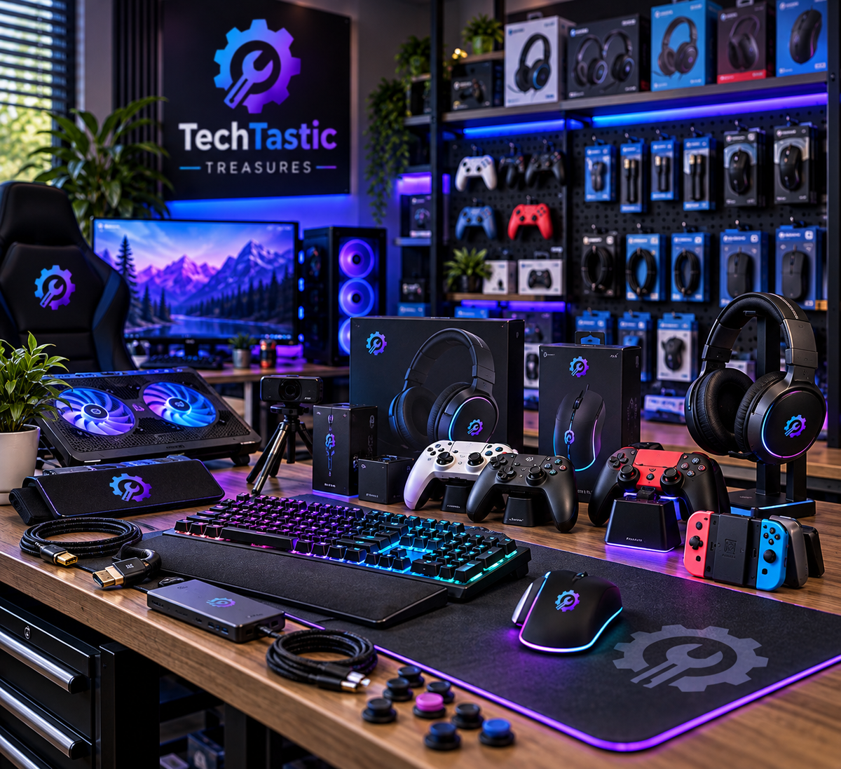 Gaming accessories displayed in a TechTastic Treasures gaming setup, featuring controllers, RGB keyboard and mouse, gaming headset, cables, charging accessories and other PC and console peripherals.